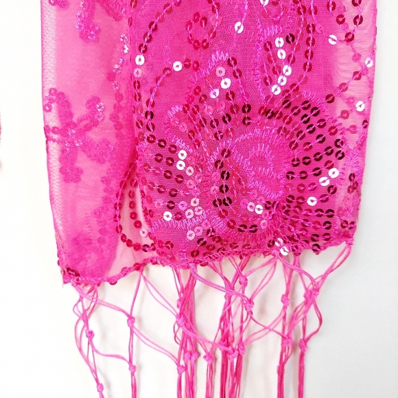Womens Pink Mesh Sequin Metallic Party Prom Wedding Shawl Scarf With Fringe - Picture 5 of 11